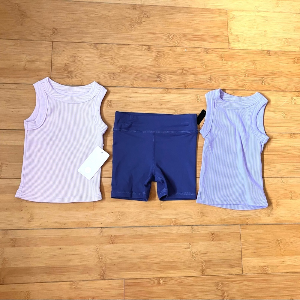 NWT Girls Size 3T Actives Outfit - Two Ribbed Tank Tops Shirts & Bike Shorts Set